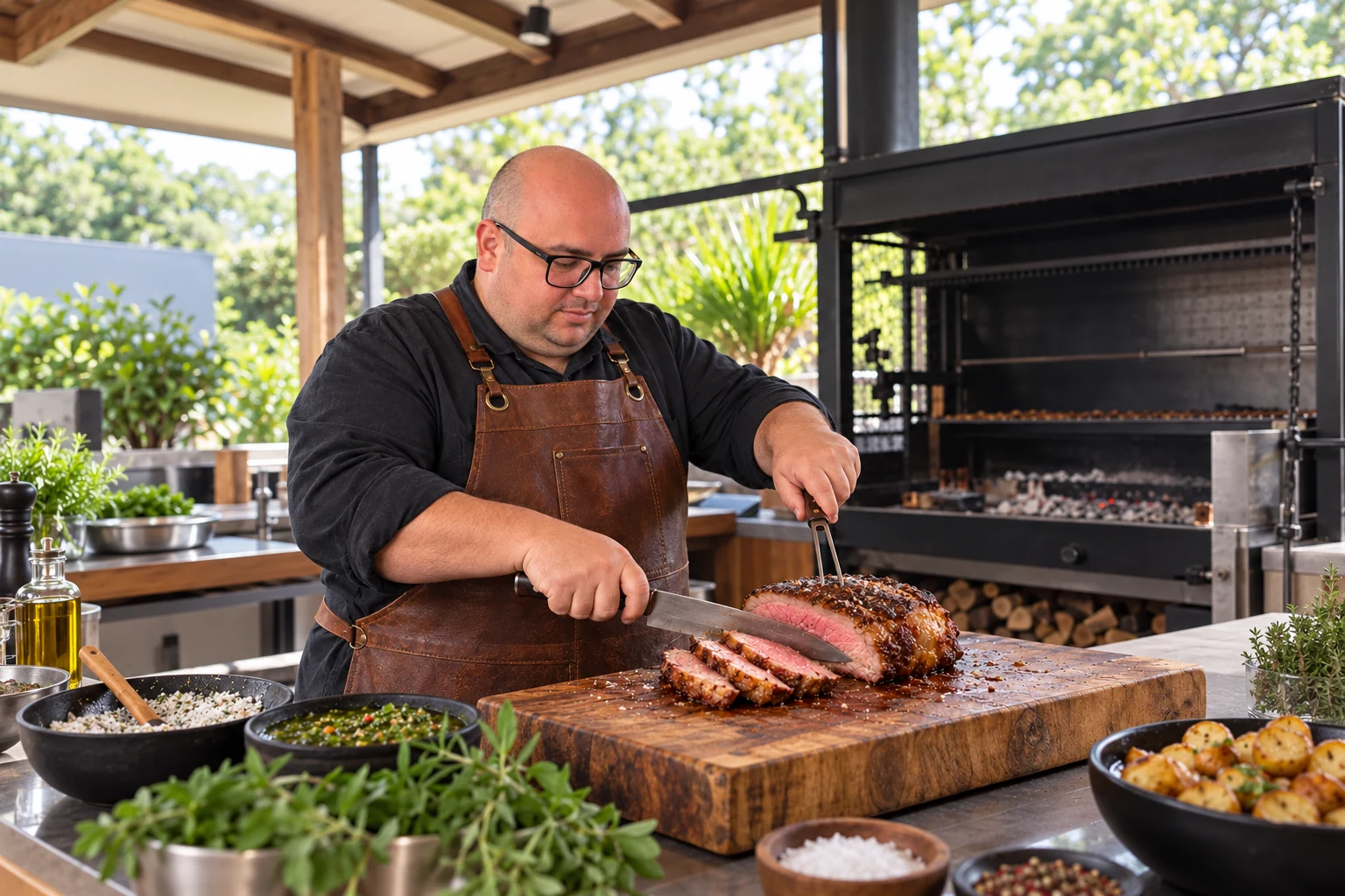 David dos Santos fatiando uma peça de picanha assada sobre uma tábua de madeira — imagem criada com IA