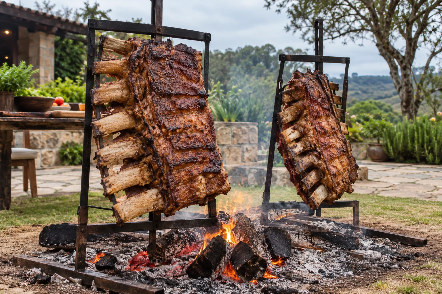 Costelas assando em estruturas de ferro sobre brasa e lenha ao ar livre — imagem criada com IA