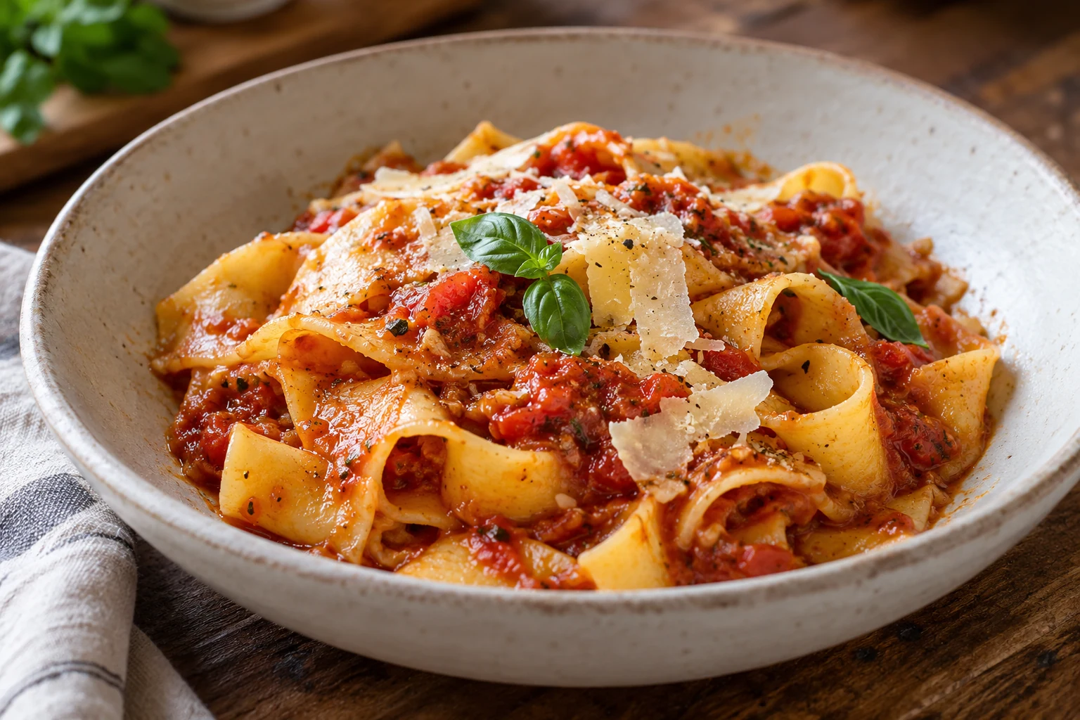 Massa artesanal com molho de tomate assado, parmesão e poucas folhas de manjericão — imagem criada com IA