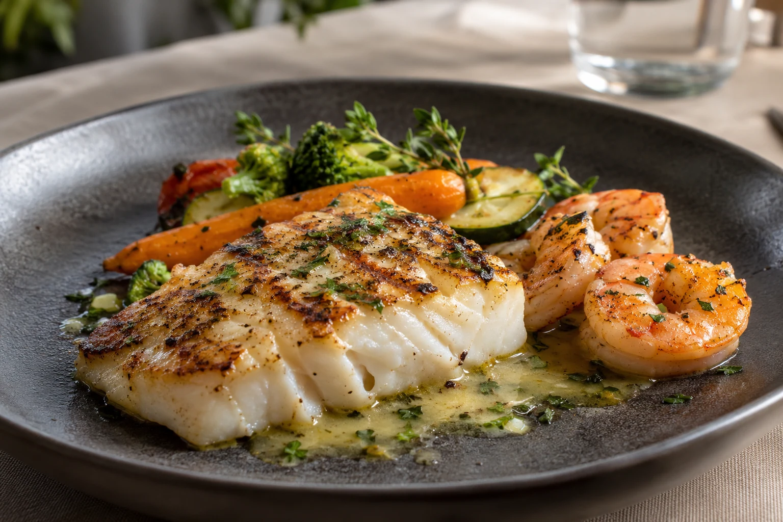 Filé de peixe grelhado com camarões, legumes e molho delicado — imagem criada com IA