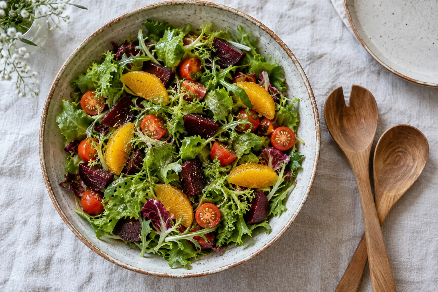 Salada fresca de folhas, tomates, legumes e frutas cítricas em travessa de cerâmica — imagem criada com IA