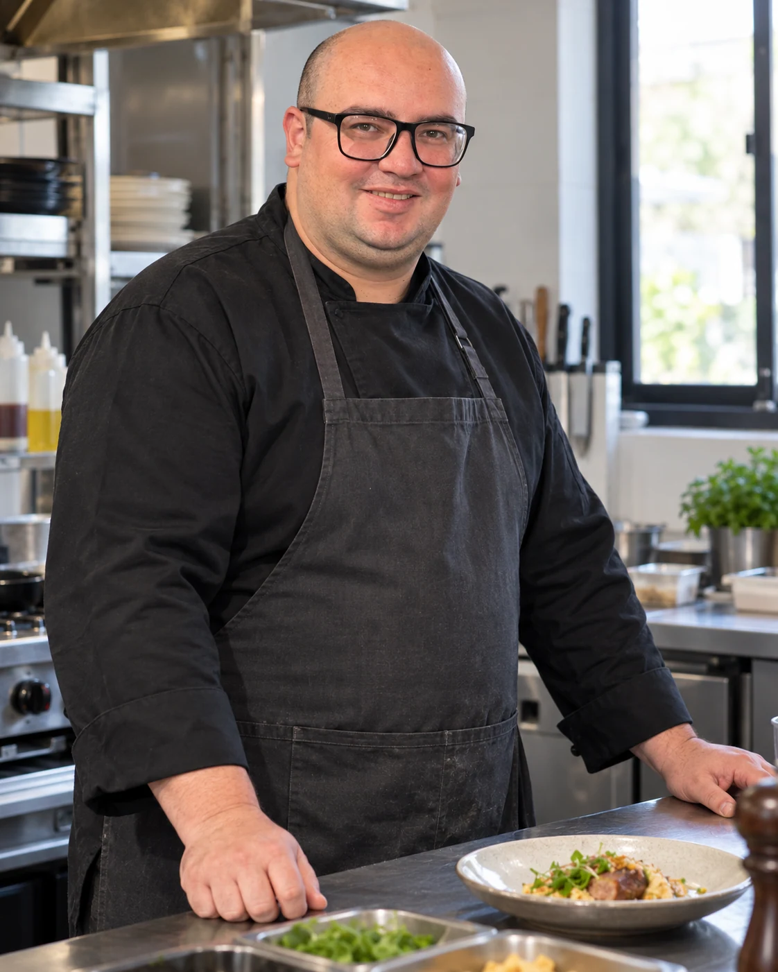 Retrato de David dos Santos na cozinha, criado com IA a partir de suas fotos